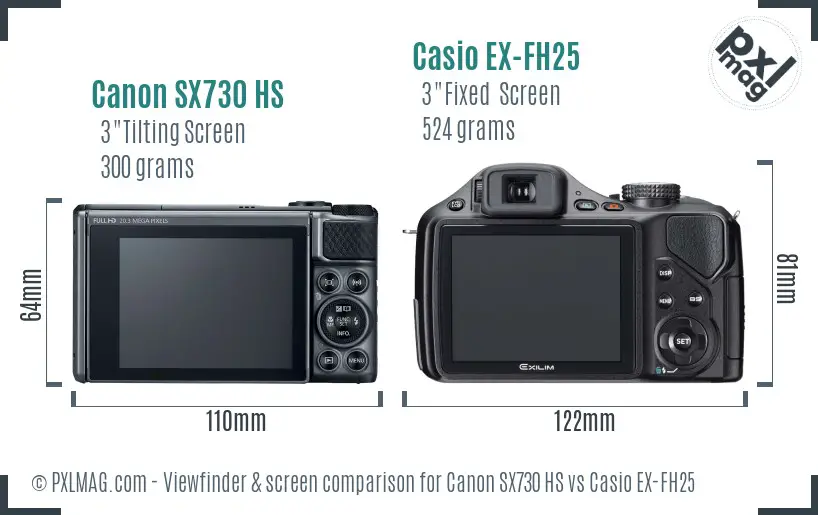 Canon SX730 HS vs Casio EX-FH25 Screen and Viewfinder comparison