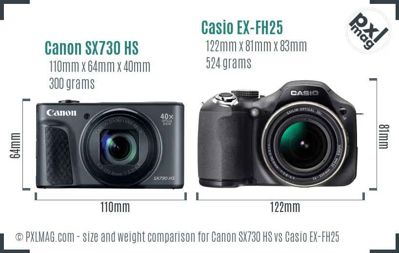 Canon SX730 HS vs Casio EX-FH25 size comparison