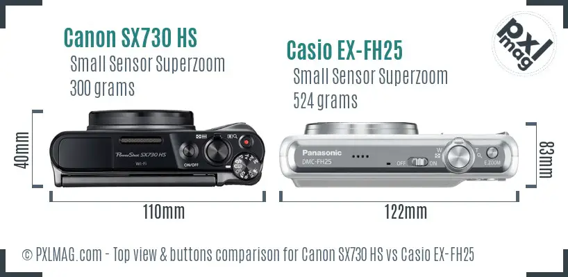 Canon SX730 HS vs Casio EX-FH25 top view buttons comparison