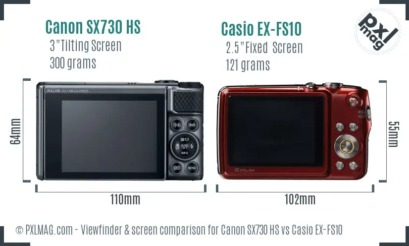 Canon SX730 HS vs Casio EX-FS10 Screen and Viewfinder comparison