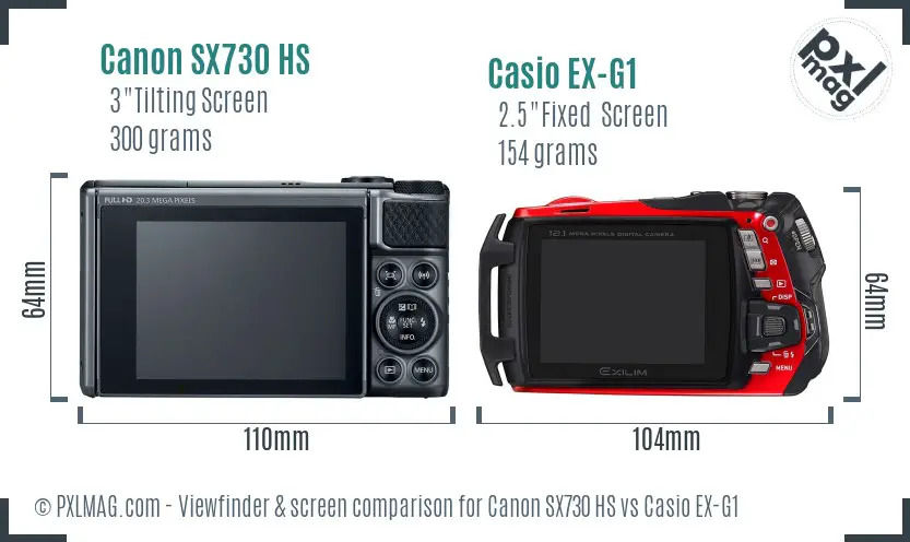 Canon SX730 HS vs Casio EX-G1 Screen and Viewfinder comparison
