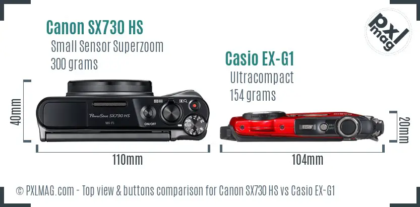 Canon SX730 HS vs Casio EX-G1 top view buttons comparison
