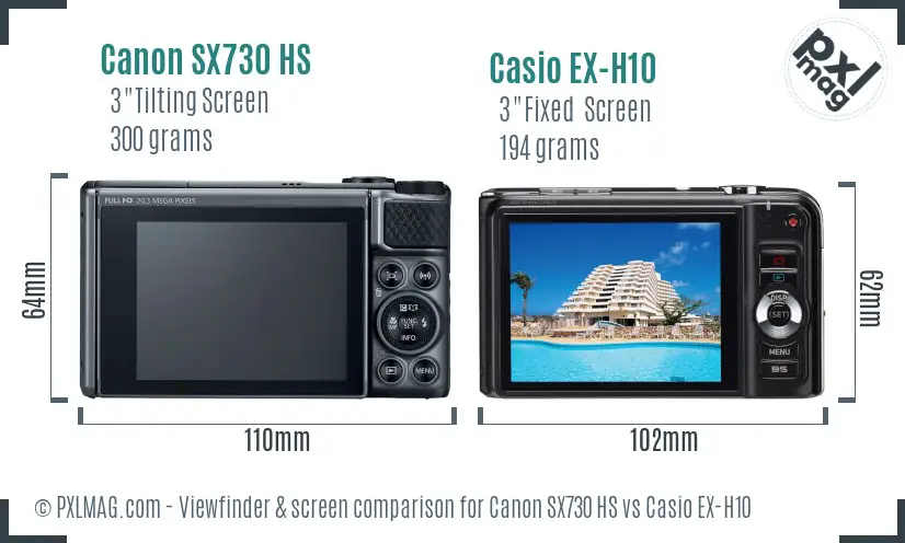 Canon SX730 HS vs Casio EX-H10 Screen and Viewfinder comparison