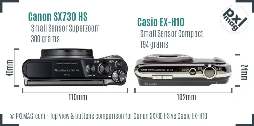 Canon SX730 HS vs Casio EX-H10 top view buttons comparison