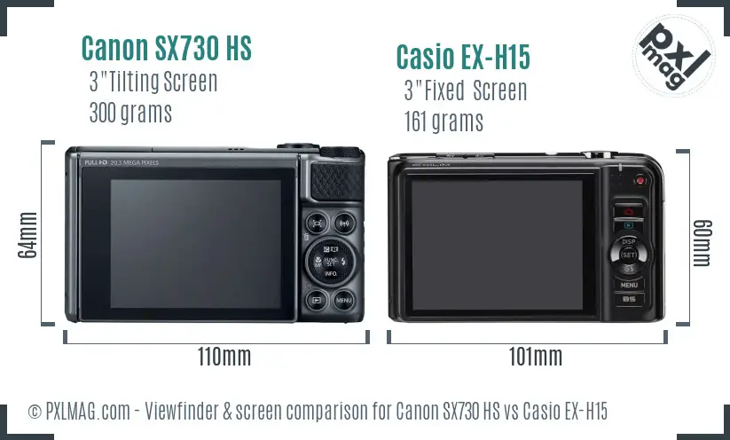 Canon SX730 HS vs Casio EX-H15 Screen and Viewfinder comparison