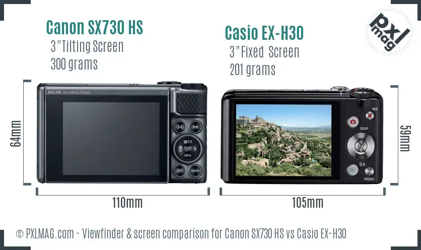 Canon SX730 HS vs Casio EX-H30 Screen and Viewfinder comparison