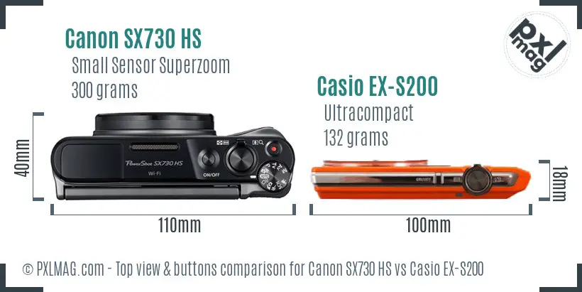 Canon SX730 HS vs Casio EX-S200 top view buttons comparison Canon SX730 HS vs Casio EX-S200 top view buttons comparison