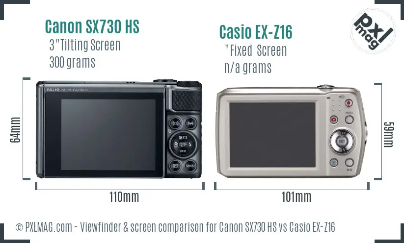 Canon SX730 HS vs Casio EX-Z16 Screen and Viewfinder comparison