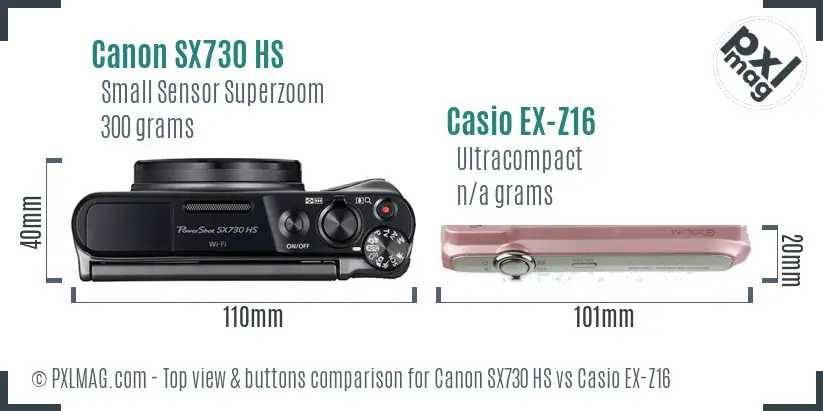 Canon SX730 HS vs Casio EX-Z16 top view buttons comparison