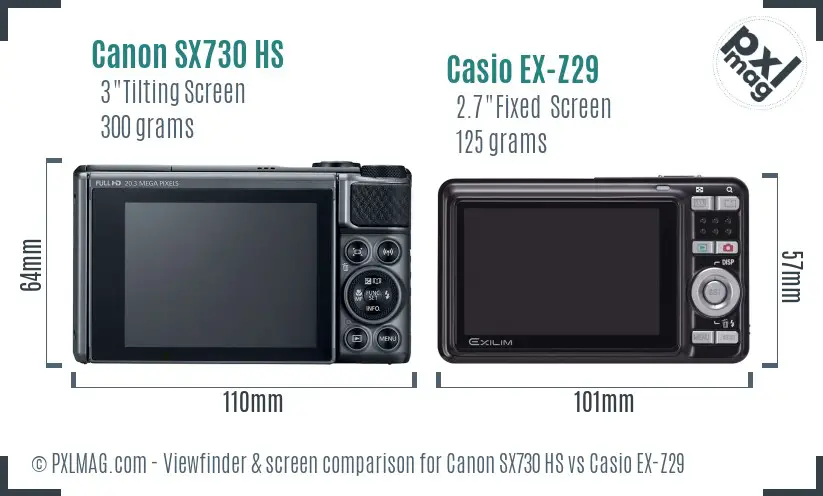 Canon SX730 HS vs Casio EX-Z29 Screen and Viewfinder comparison