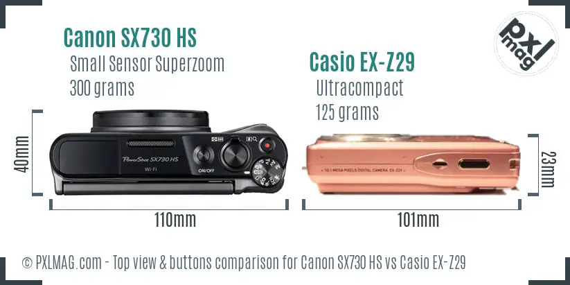 Canon SX730 HS vs Casio EX-Z29 top view buttons comparison