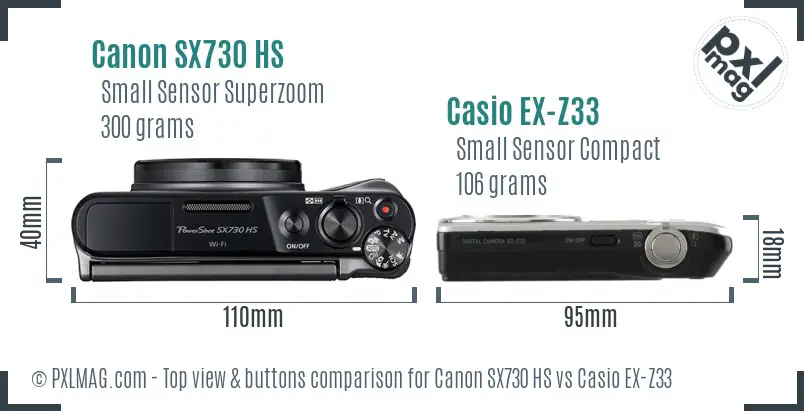Canon SX730 HS vs Casio EX-Z33 top view buttons comparison