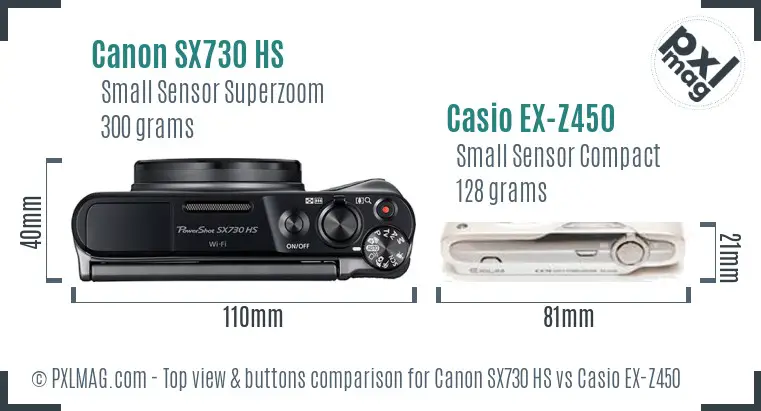 Canon SX730 HS vs Casio EX-Z450 top view buttons comparison Canon SX730 HS vs Casio EX-Z450 top view buttons comparison