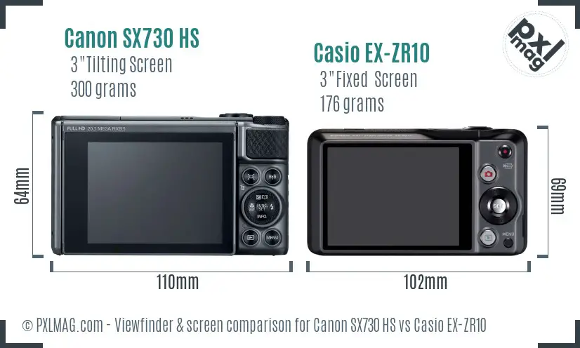 Canon SX730 HS vs Casio EX-ZR10 Screen and Viewfinder comparison