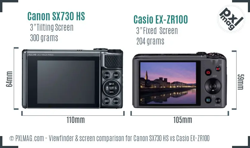 Canon SX730 HS vs Casio EX-ZR100 Screen and Viewfinder comparison