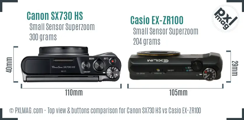 Canon SX730 HS vs Casio EX-ZR100 top view buttons comparison