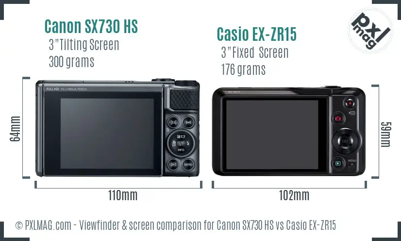 Canon SX730 HS vs Casio EX-ZR15 Screen and Viewfinder comparison