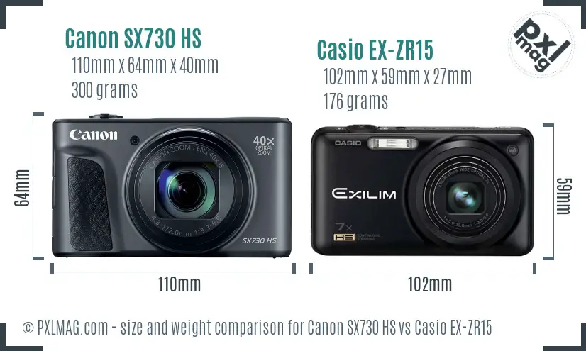 Canon SX730 HS vs Casio EX-ZR15 size comparison