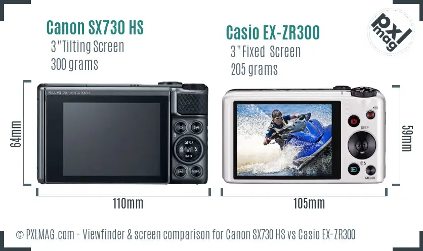 Canon SX730 HS vs Casio EX-ZR300 Screen and Viewfinder comparison