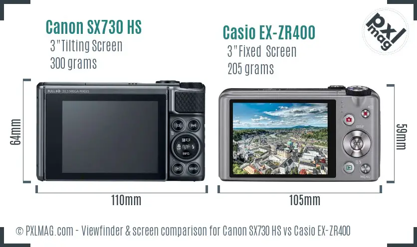 Canon SX730 HS vs Casio EX-ZR400 Screen and Viewfinder comparison