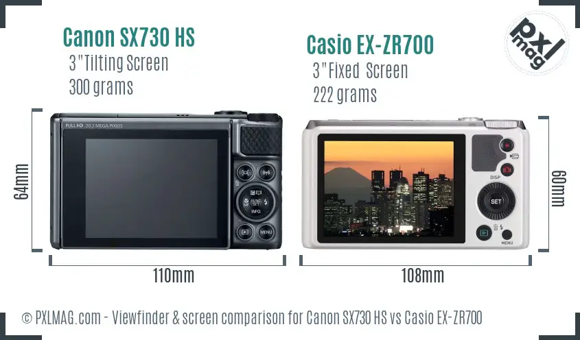 Canon SX730 HS vs Casio EX-ZR700 Screen and Viewfinder comparison