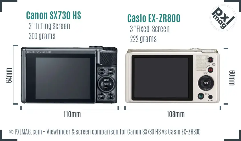 Canon SX730 HS vs Casio EX-ZR800 Screen and Viewfinder comparison