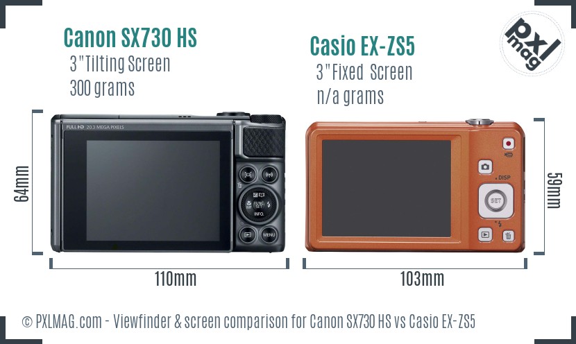 Canon SX730 HS vs Casio EX-ZS5 Screen and Viewfinder comparison