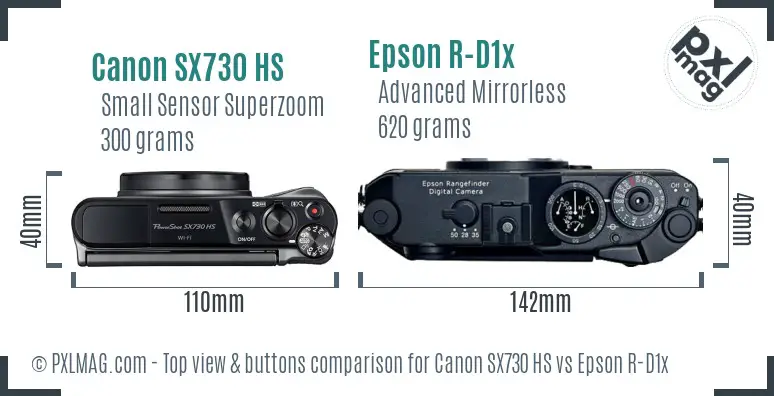 Canon SX730 HS vs Epson R-D1x top view buttons comparison Canon SX730 HS vs Epson R-D1x top view buttons comparison