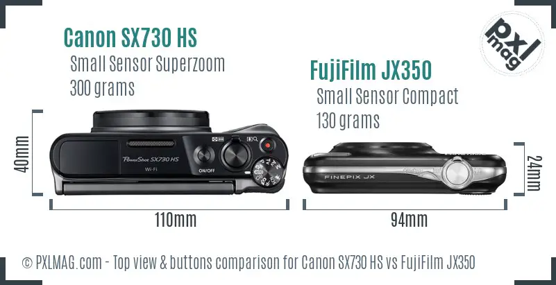 Canon SX730 HS vs FujiFilm JX350 top view buttons comparison Canon SX730 HS vs FujiFilm JX350 top view buttons comparison