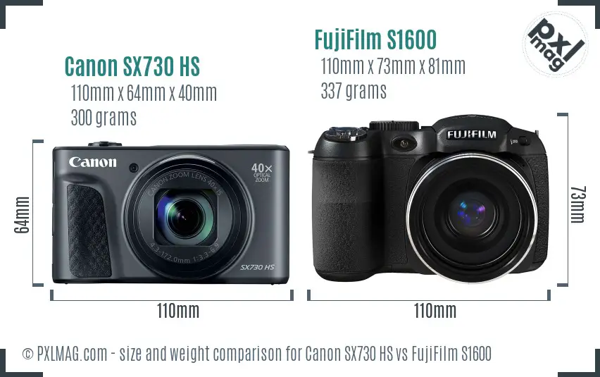 Canon SX730 HS vs FujiFilm S1600 size comparison