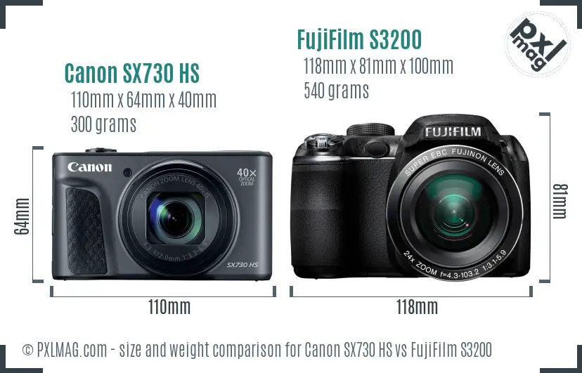 Canon SX730 HS vs FujiFilm S3200 size comparison