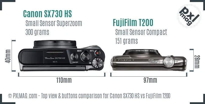 Canon SX730 HS vs FujiFilm T200 top view buttons comparison