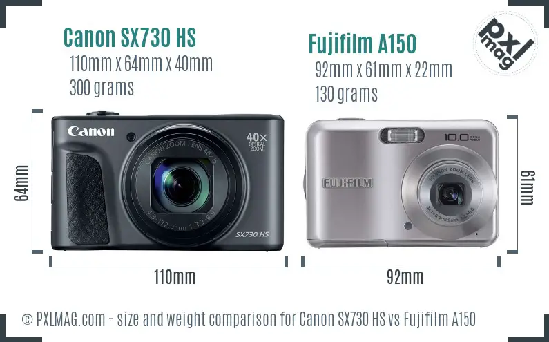 Canon SX730 HS vs Fujifilm A150 size comparison