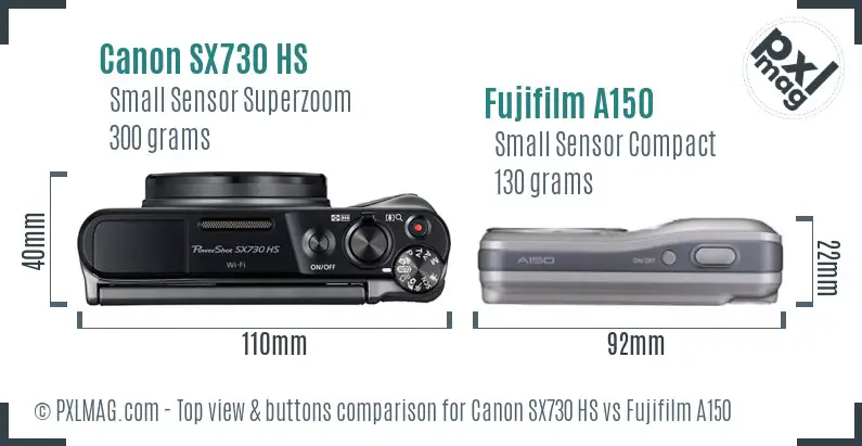 Canon SX730 HS vs Fujifilm A150 top view buttons comparison
