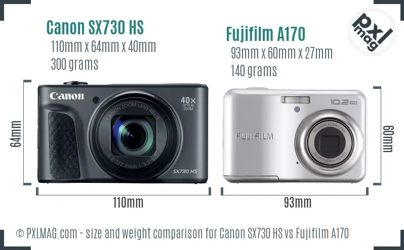 Canon SX730 HS vs Fujifilm A170 size comparison