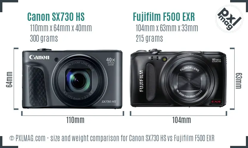 Canon SX730 HS vs Fujifilm F500 EXR size comparison