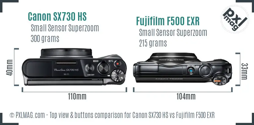 Canon SX730 HS vs Fujifilm F500 EXR top view buttons comparison