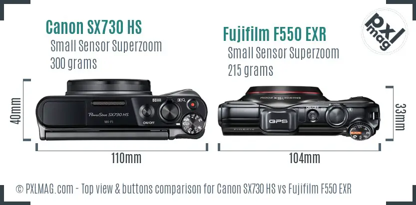 Canon SX730 HS vs Fujifilm F550 EXR top view buttons comparison