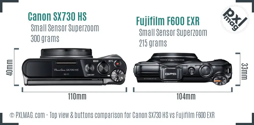 Canon SX730 HS vs Fujifilm F600 EXR top view buttons comparison