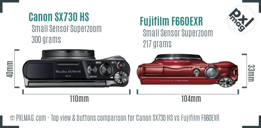 Canon SX730 HS vs Fujifilm F660EXR top view buttons comparison