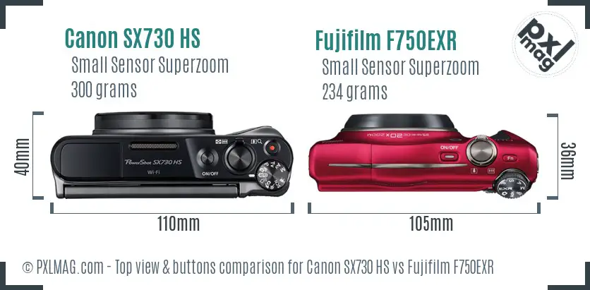 Canon SX730 HS vs Fujifilm F750EXR top view buttons comparison