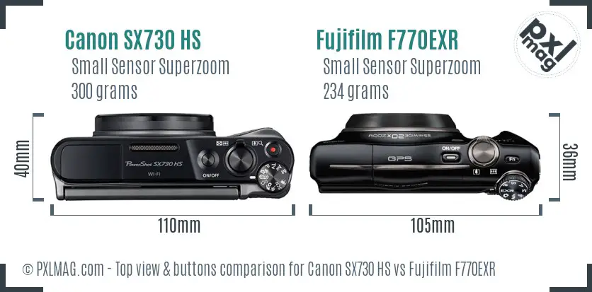 Canon SX730 HS vs Fujifilm F770EXR top view buttons comparison