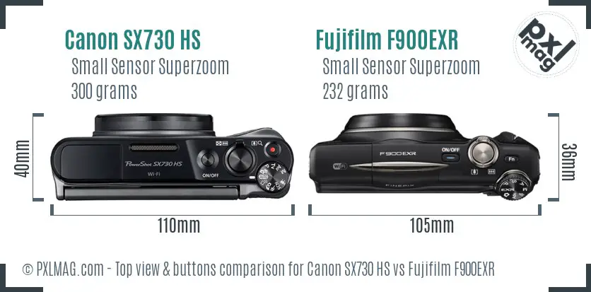 Canon SX730 HS vs Fujifilm F900EXR top view buttons comparison
