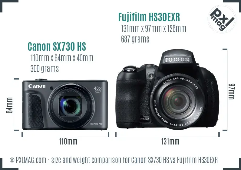 Canon SX730 HS vs Fujifilm HS30EXR size comparison