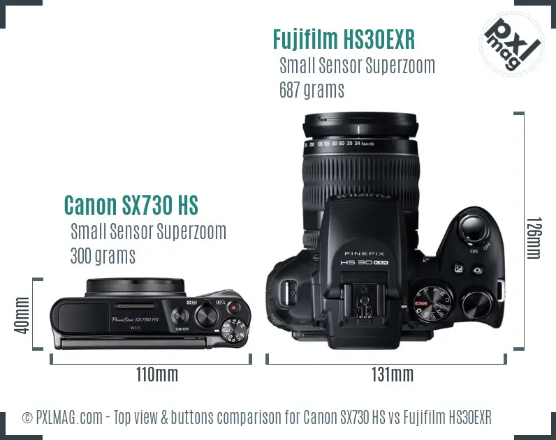 Canon SX730 HS vs Fujifilm HS30EXR top view buttons comparison