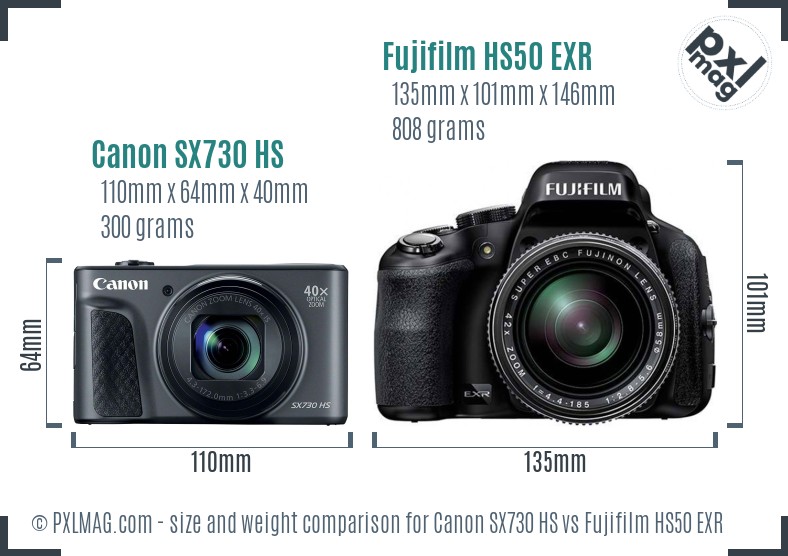 Canon SX730 HS vs Fujifilm HS50 EXR size comparison