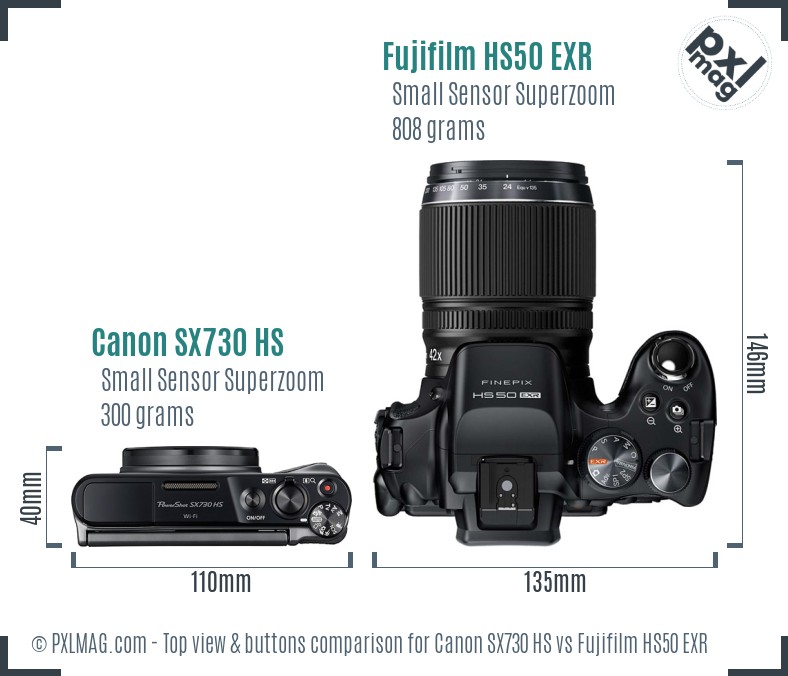 Canon SX730 HS vs Fujifilm HS50 EXR top view buttons comparison