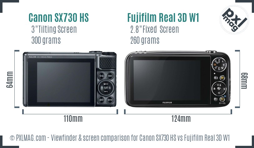 Canon SX730 HS vs Fujifilm Real 3D W1 Screen and Viewfinder comparison
