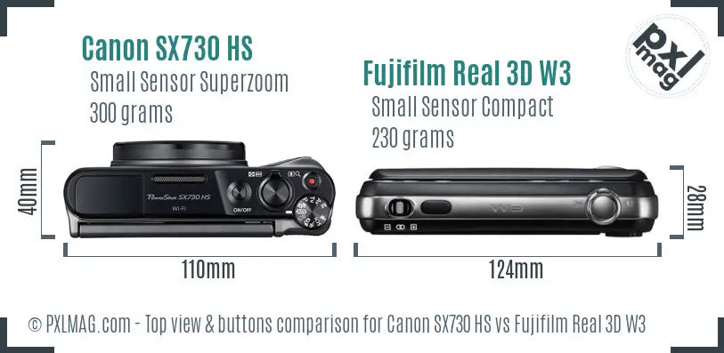 Canon SX730 HS vs Fujifilm Real 3D W3 top view buttons comparison Canon SX730 HS vs Fujifilm Real 3D W3 top view buttons comparison