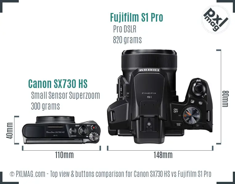 Canon SX730 HS vs Fujifilm S1 Pro top view buttons comparison